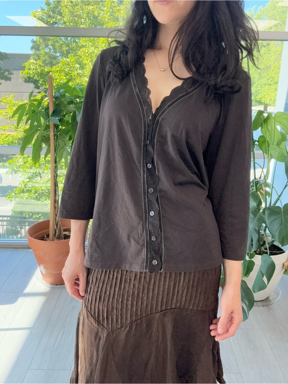 95% cotton Women's Black Button-Front Lace and velvet Trim Top